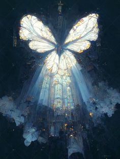 the light shines through the wings of a large, elaborate cathedral in this artistic photo