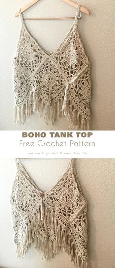 two crocheted bras hanging on a wall with text overlay that says boho tank top free crochet pattern