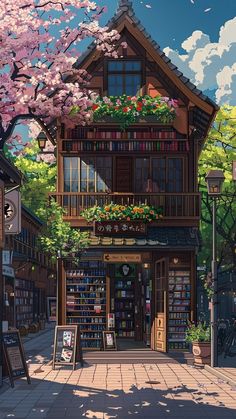 an image of a book store with cherry blossom trees in the foreground and bookshelves on the second floor