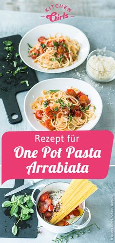 one pot pasta arrabata recipe with text overlay