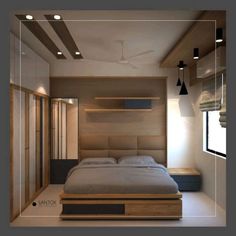 a bed sitting in the middle of a bedroom next to a window and ceiling fan