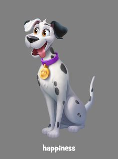 a cartoon dog with a purple collar and gold medal on it's neck, sitting in front of a gray background