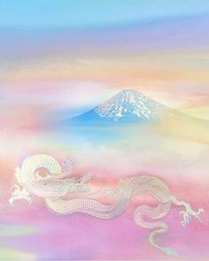 a painting of a white dragon on a pink and blue background with snow capped mountain in the distance