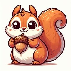 a cartoon squirrel holding an acorn in its paws