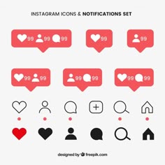 the instagram icons and notifications set is shown in red, black and white