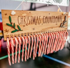 Christmas Countdown Candy Canes Candy Cane Christmas Countdown Sign, Candy Cane Advent Calendar Diy, Candy Cane Advent Calendar, Christmas Count Down, Wooden Candy Canes, Christmas Countdown Ideas, Shutters Decor, Holiday Woodworking Projects, Xtool Projects