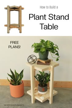 a plant stand with two potted plants on it and the text how to build a plant stand table