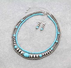 Metallic Pearl and Bead Multi-Strand Necklace Set * Burnished Silver and Turquoise Color * Matching Earrings * 16″, 17″, 18″ + 3″ EXT * Nickel, Lead & Chrome free * It is not sterling silver * All photos are stock photos Western Necklaces, Navajo Style, Pearls Necklace, Southwestern Jewelry, Necklace Beaded, Multi Strand Necklace, Turquoise Color, Strand Necklace, Multi Strand