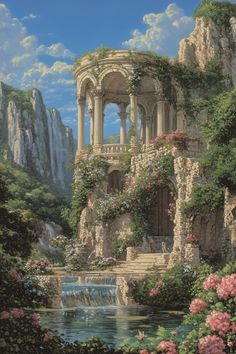 a painting of a waterfall surrounded by flowers and greenery in front of a castle like structure