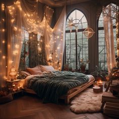 a bed room with a neatly made bed and lots of lights