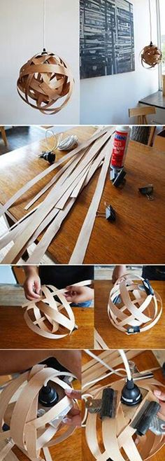 the process of making a wooden chandelier with wood strips and plywood sticks