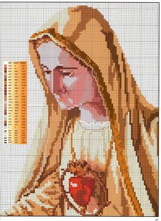 a cross stitch pattern with an image of a woman holding a heart