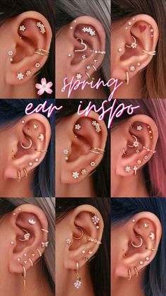 multiple images of different types of piercings in the shape of an ear with flowers on them