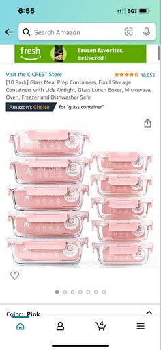 the pink food containers are stacked on top of each other in front of an amazon page