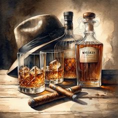 a painting of whiskey and cigars on a table