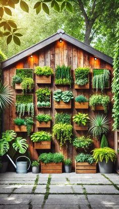 an outdoor garden with wooden pallets filled with plants and potted plants on the wall