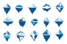 a collection of blue mountains and icebergs with different shapes, sizes and colors