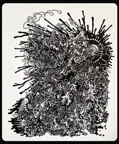 an abstract black and white painting with ink splatters