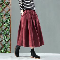 Vintage Womens Corduroy Swing Pleated Skirt Loose Casual Baggy Midi Dress Chic | eBay Winter Corduroy Dress With Pockets, Casual Corduroy Winter Dress, Fall Cotton Skirt In Solid Color, Casual A-line Skirt For Winter, Cotton Midi Skirt For Fall, Long Skirt Winter, Tall Women Fashion, Long Linen Skirt, Midi Dress Chic