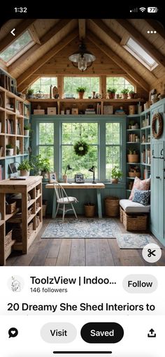 the interior of a small wooden cabin with lots of bookshelves and plants in it