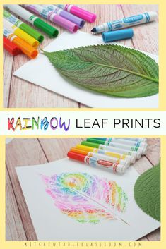 two pictures with the words rainbow leaf prints on them and colored crayons next to it