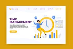 the landing page for time management is shown with a man climbing up to a clock