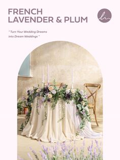 the front cover of french lavender and plum, with flowers on it's table