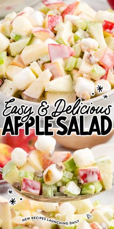 two bowls filled with apple salad and the title says easy & delicious apples salad on top