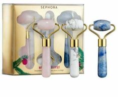 NEW IN BOX SEPHORA COLLECTION Mini Facial Roller 3-Piece Set Product Description What it is: A set of three mini facial-massage rollers that is the perfect holiday gift this for those obsessed with all things wellness. What Else You Need to Know: These mini facial-message rollers are made with rose quartz, howlite, and blue aventurine. Rose Quartz is known for its skin-nourishing properties and "love" energy. Howlite is known for its "relaxing" energy. Blue aventurine is known for its "calming" Facial Massage Roller, Facial Cleansing Device, Blue Aventurine, Mini Facial, Love Energy, Holiday Gift Sets, Roller Set, Facial Roller, Holiday Set