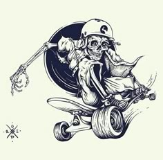 a skeleton riding a skateboard with a skull on it's back and arms