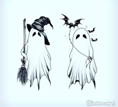 two halloween ghostes with bats on their heads, one is wearing a witch hat and the other has a broom