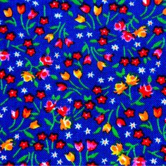 a blue background with red, yellow and white flowers on it's side is shown