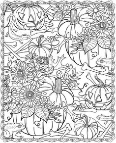 a coloring page with pumpkins, flowers and other items for halloween season in black and white