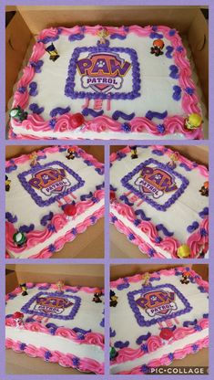 the cake is decorated in pink and purple icing with an image of princess power rangers on it