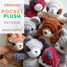 crochet stuffed animals sitting in a pile together with text overlay that reads, crochet pocket plush patterns