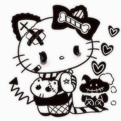 an image of hello kitty and her kitten friend with hearts on their chest, all in black and white