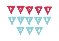 the words happy birthday written in blue and red triangles on a white background with pink letters