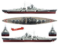 three views of the same type of battleship