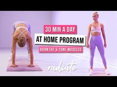 a woman standing on top of a yoga mat with the words 30 min a day at home program