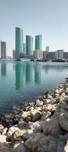 the water is crystal blue and clear in this cityscape scene, with skyscrapers on either side