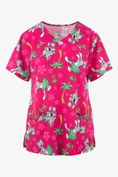 Tom & Jerry Palm Trees Women s 2-Pocket STRETCH V-Neck Print Scrub Top • Classic Fit • V-neck • 2 front angled welt pockets • Short sleeve • Side vents • Back yoke • From Warner Bros. animation, Tom & Jerry in hula skirts and leis on a hot pink tropical background dotted with flowers and palms • Approximate length for size M is 27 3 4 • Manufacturer style TJL005A Each style in our Isaac Morris Cartoon scrubs collection is made with soft, lightweight fabric to keep you cool and comfortable during Hula Skirt, Black Toms, Tree Woman, Tom And Jerry