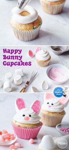 some cupcakes with white frosting and bunny ears on them