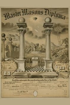 an old poster with two pillars in the middle