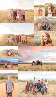 a collage of family photos taken in the field at sunset with their dog and two children