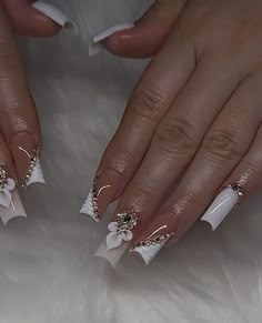 White Prom Nail Designs, Medium Length Bling Nails, White Bling Acrylic Nails Medium, Fall Birthday Nails Coffin, White Acrylic Birthday Nails, White Long Acrylic Nails With Diamonds, White N Gold Nails, Short Acrylic Nails 3d Flowers, White And Gold Nails Acrylic