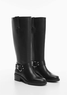 Buckles leather boots -  Women | Mango USA Mango Boots, Cute Winter Boots, Biker Design, Leather High Heel Boots, Leather Boots Heels, Buckle Ankle Boots, Leather Boots Women, High Leg Boots, Biker Boots