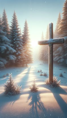 a cross in the middle of a snowy field with pine trees and snow on the ground