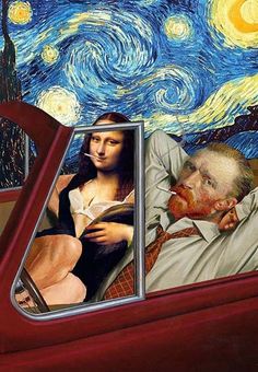 an image of a man and woman in a car with the starry night behind them