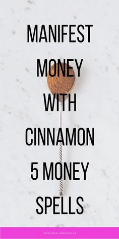 a spoon with cinnamon on it and the words manifest money with 5 money spells