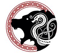 a black and white image of a dragon in a circle with red border around it